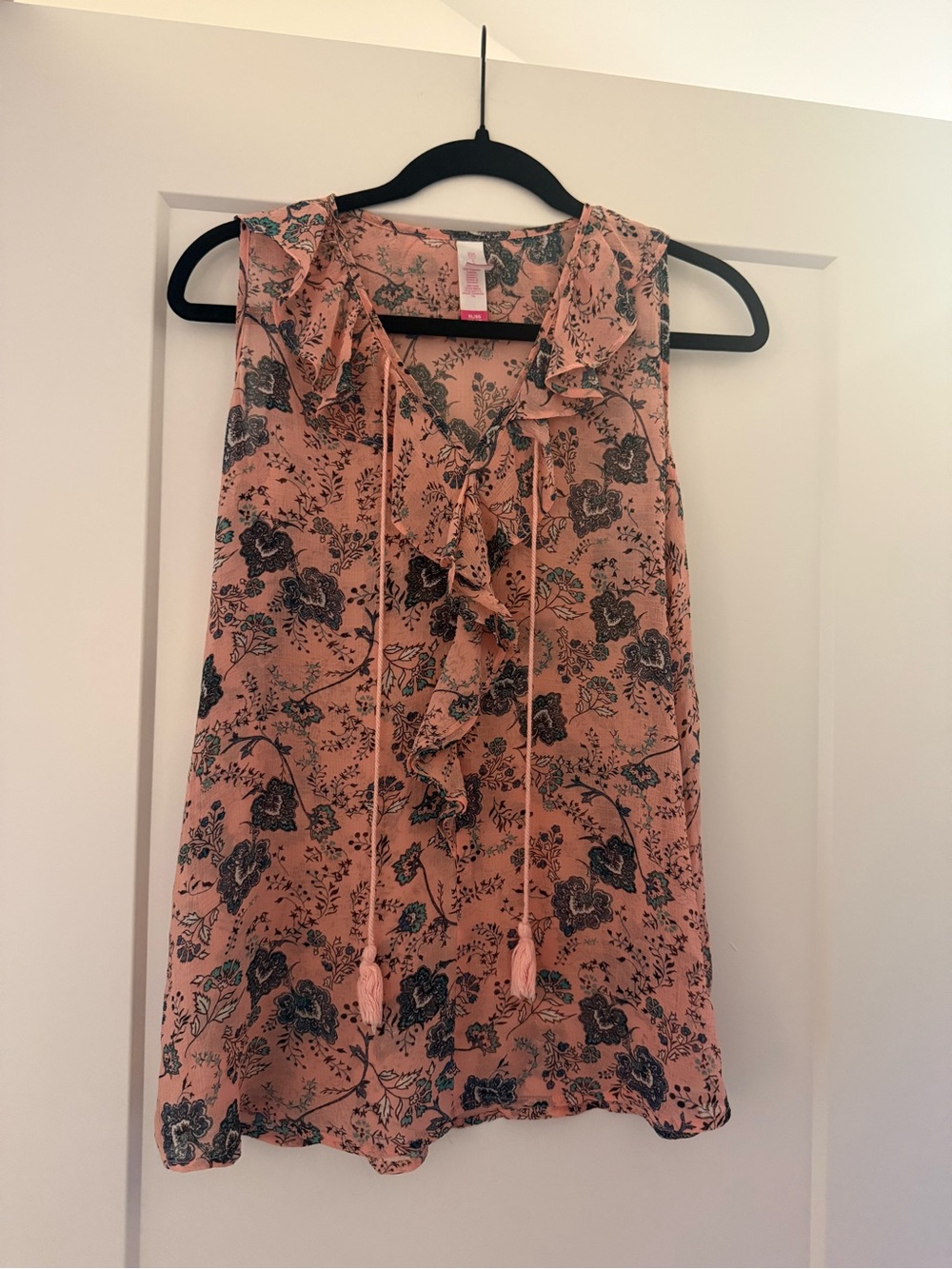 No Boundaries Pink Floral Ruffle Tie-Neck Sleeveless Top